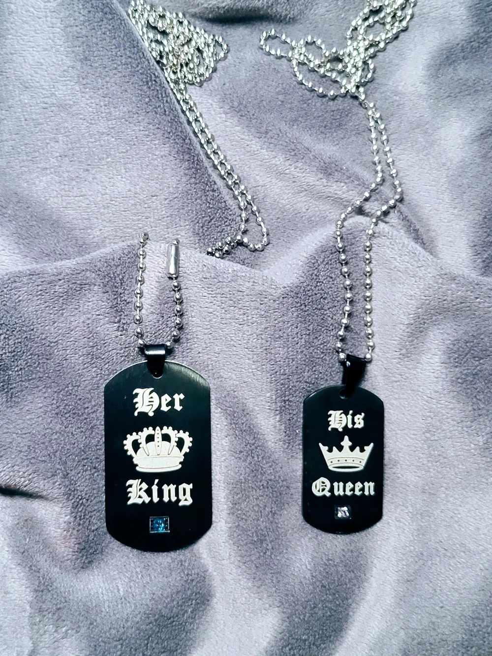 Black 'Her King' and 'His Queen' Stainless Steel Couple Dog Tag Necklaces